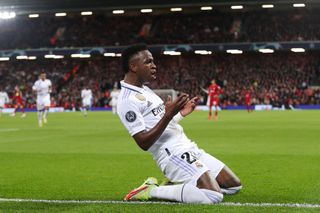 Vinicius Junior celebrates after scoring for Real Madrid against Liverpool at Anfield in the Champions League in February 2023.