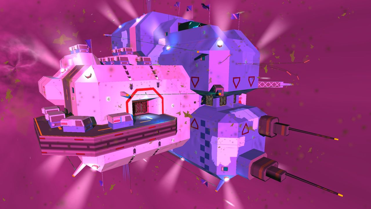 Skin Deep; an indie game, a large, stylised, pink and purple spaceship floats in a vibrant, pink space