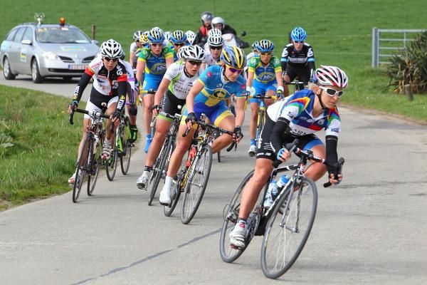 Emma Pooley (Garmin-Cervelo) leads the small bunch