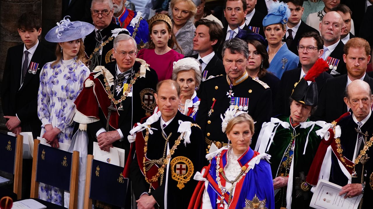 A large group of the royal family, including Duchess Sophie, Prince Edward, Prince Harry, Princess Eugenie, Mike Tindall and Princess Anne standing up in church at King Charles&#039;s coronation 