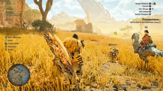 Monster Hunter Wilds review; A video game scene depicts characters in a vast, golden-yellow field, with a person on a creature that resembles a large bird or a winged dinosaur.