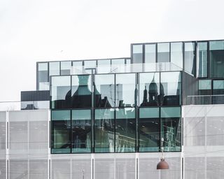 Detail of the glass-cubed facade.