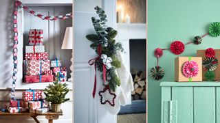 Compilation image of homemade decorations to show how to decorate a living room on a budget with paper chains, foliage swags and paper decorations