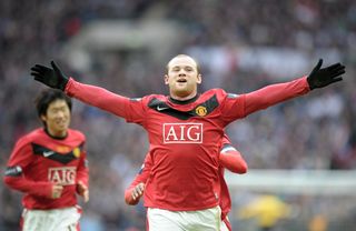 Wayne Rooney celebrates after scoring for Manchester United against Aston Villa in the 2010 League Cup final.