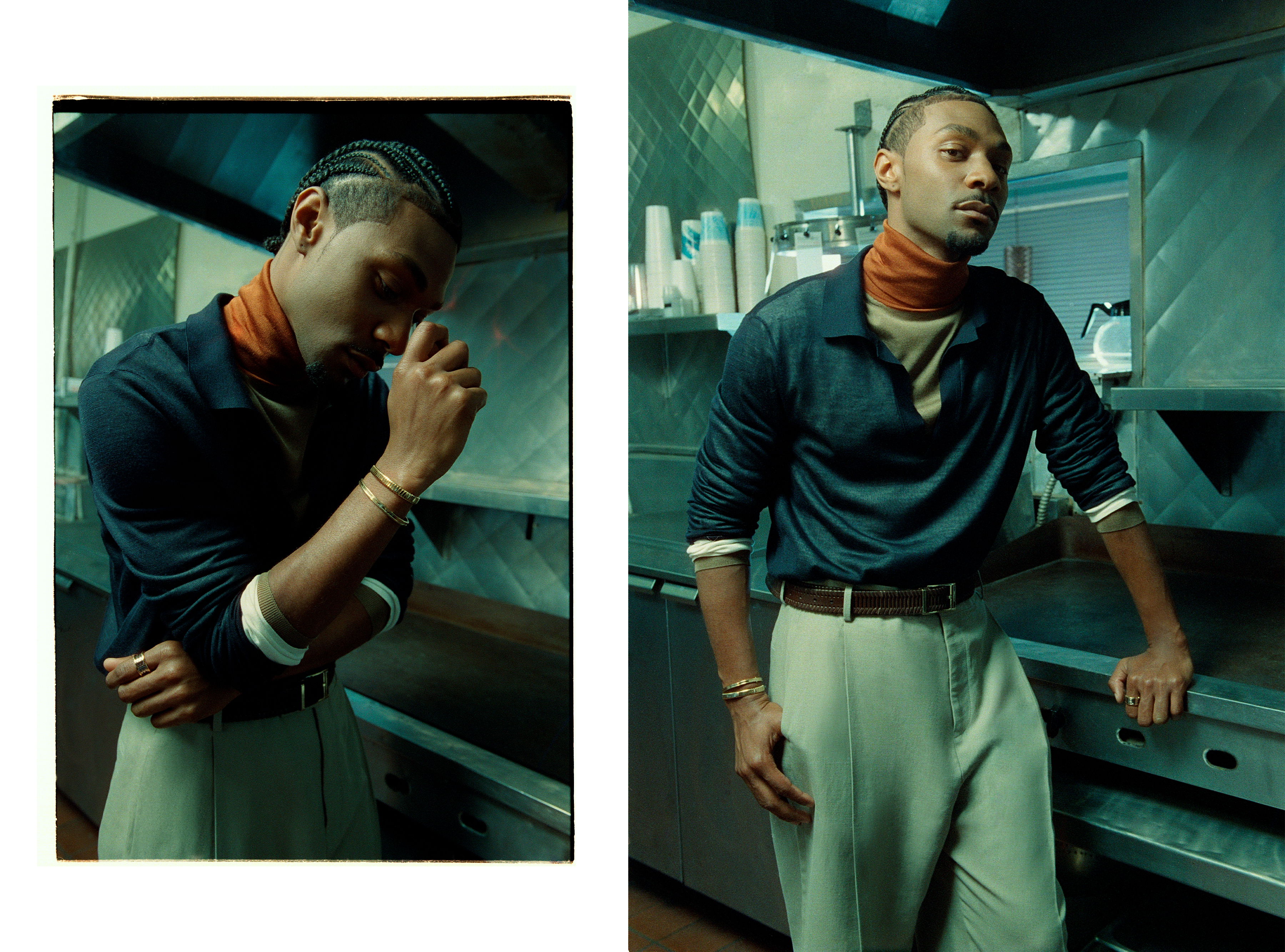 Jonathan Daviss wears a layered long-sleeve and trousers with a belt.