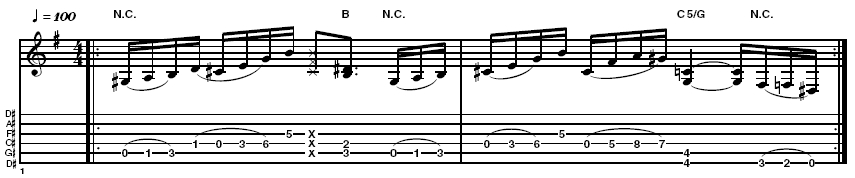 Example 3: A great example of a single line legato riff that utilises open strings. Again, with this technique, it is vital to get used to the tip of the first finger acting as a mute for the string above the one being played, and all strings underneath by lying flat almost like a barre chord but without the pressure. Try to get an open legato sound with all notes equal in velocity and ringing out cleanly.
