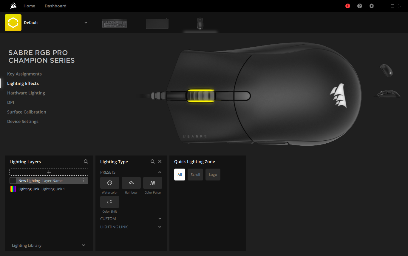 Corsair Sabre RGB Pro iCue software lighting options