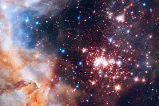 The massive star cluster Westerlund 2, seen here in a new image from the Hubble Space Telescope, is filled with young stars surrounded by dense clouds of interstellar dust that's in the process of forming baby planets. But the stars in the center of the cluster don't have the same planet-building supplies as their neighbors near the cluster's outskirts, Hubble observations have revealed. The absence of dust in the center of Westerlund 2 is caused by "blistering ultraviolet radiation and hurricane-like stellar winds" coming from the biggest and brightest stars of the cluster, which congregate in the cluster's core, eroding and blasting away all the dust, Hubble officials said in a statement.