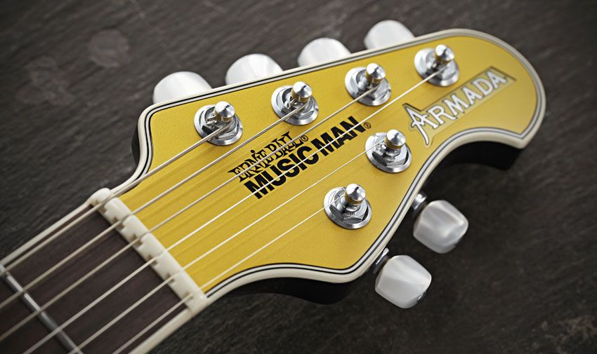 Although the body shape is a departure for Music Man, the brand's familiar 4+2 headstock design remains, albeit with a back angle and gold paint job