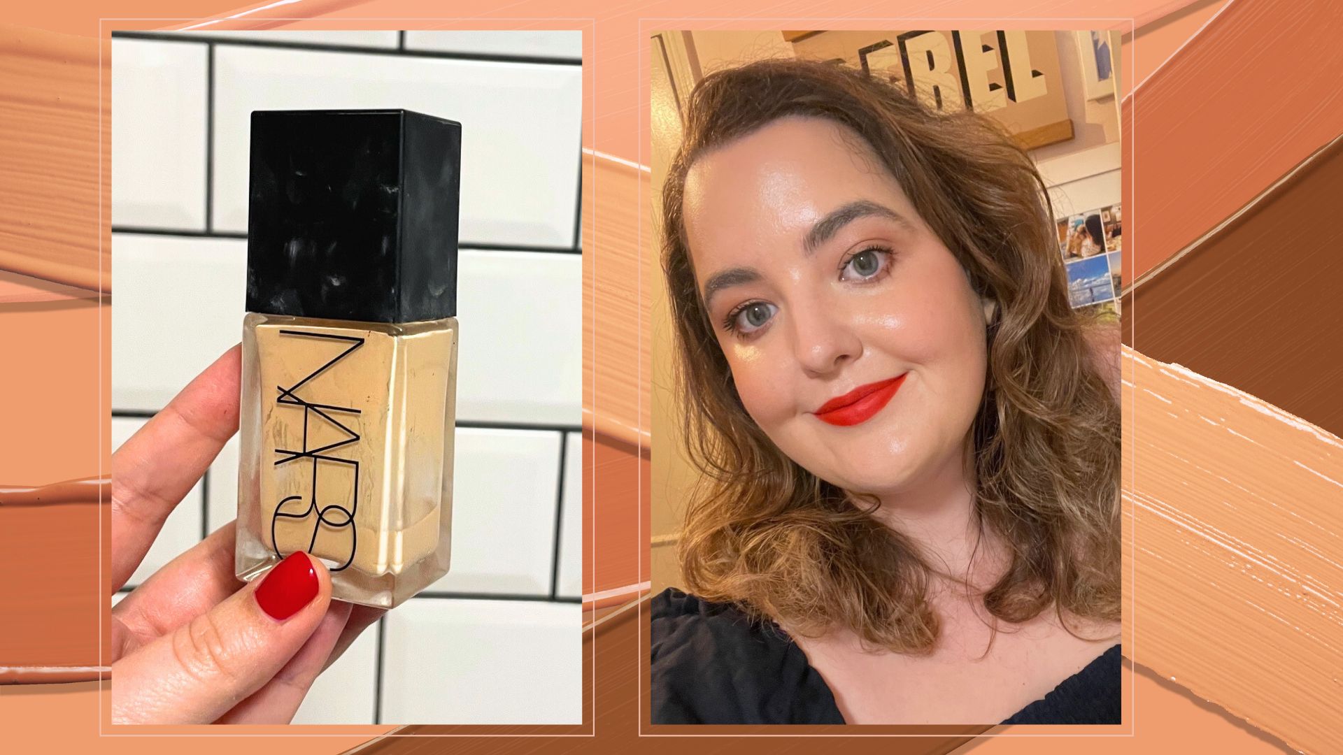 An image of an almost-finished bottle of nars light reflect foundation, and senior beauty editor rhiannon derbyshire wearing it