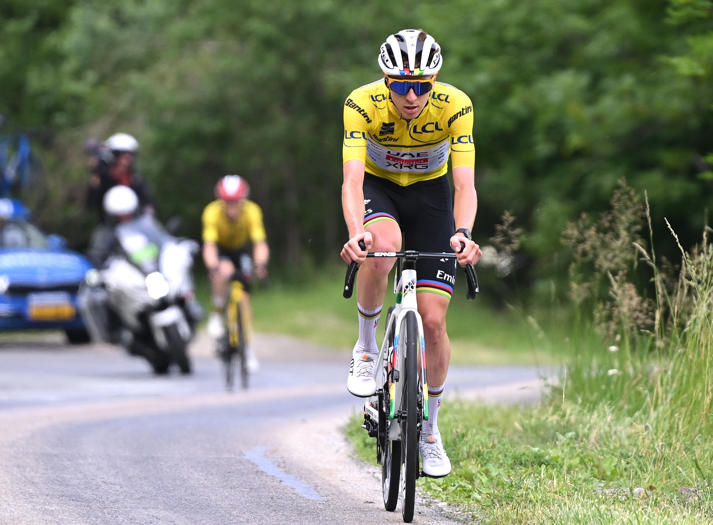 Tadej Pogacar of Slovenia and UAE Team Emirates - XRG - Yellow Leader Jersey attacks during the 77th Criterium du Dauphine 2025, Stage 7 a 131.6km stage from Grand-Algueblanche to Valmeinier 1800 (1830m) / #UCIWT / on June 14, 2025 in Valmeinier 1800, France. (Photo by Dario Belingheri/Getty Images)