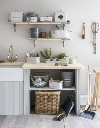 utility room with shelves for keeping storage jars and storage tins and baskets by garden trading