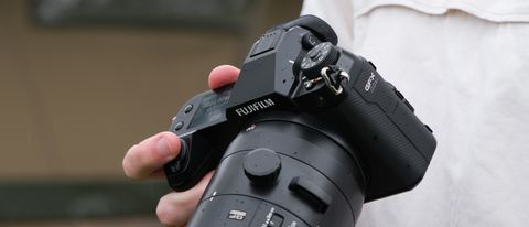 Close up of a Fujifilm GFX 100S II camera 