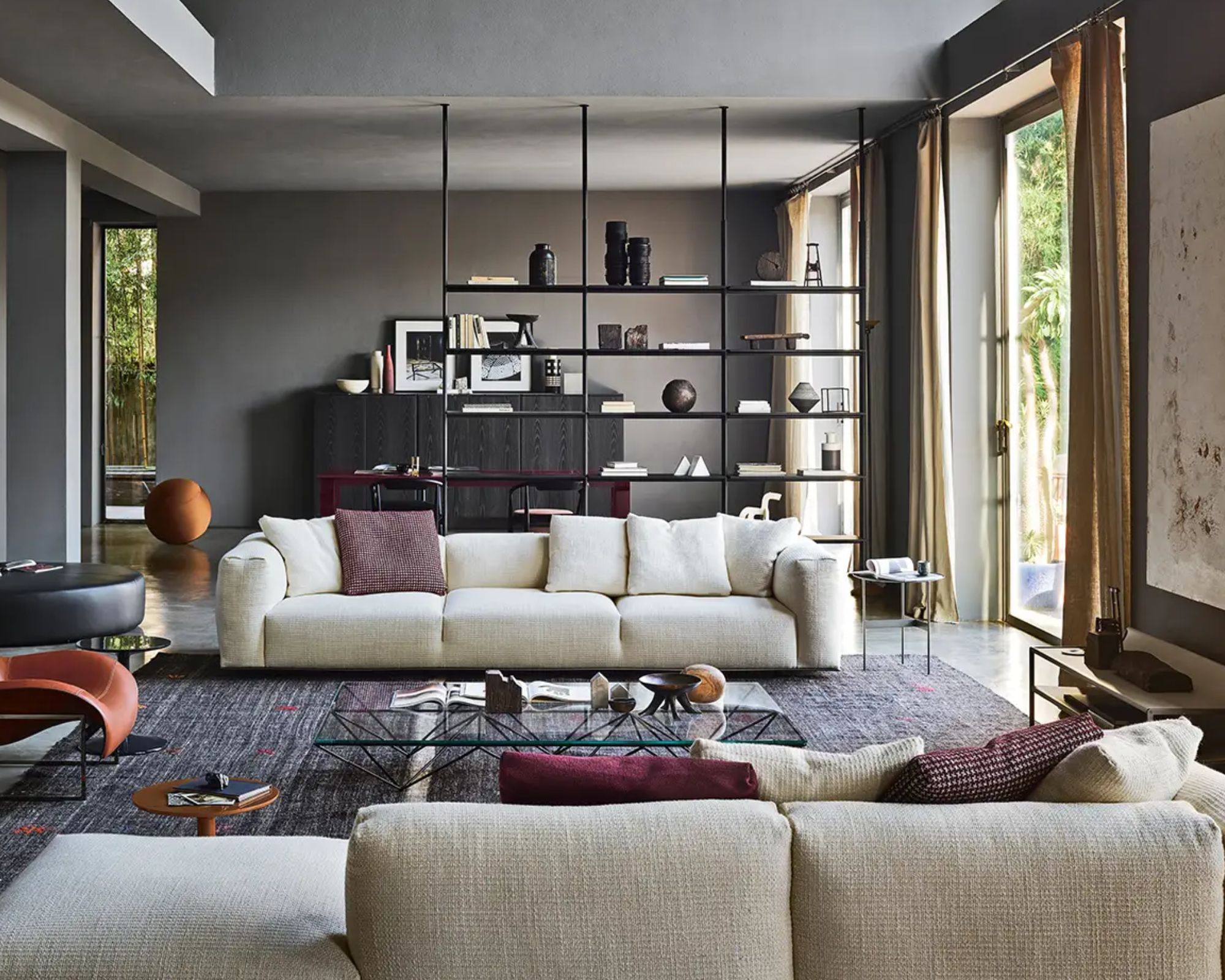 Modern sitting room with low modern upholstered sofas