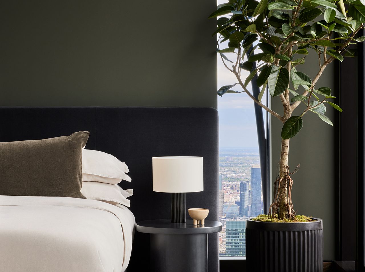 minimalist green bedroom with an indoor tree next to the bed