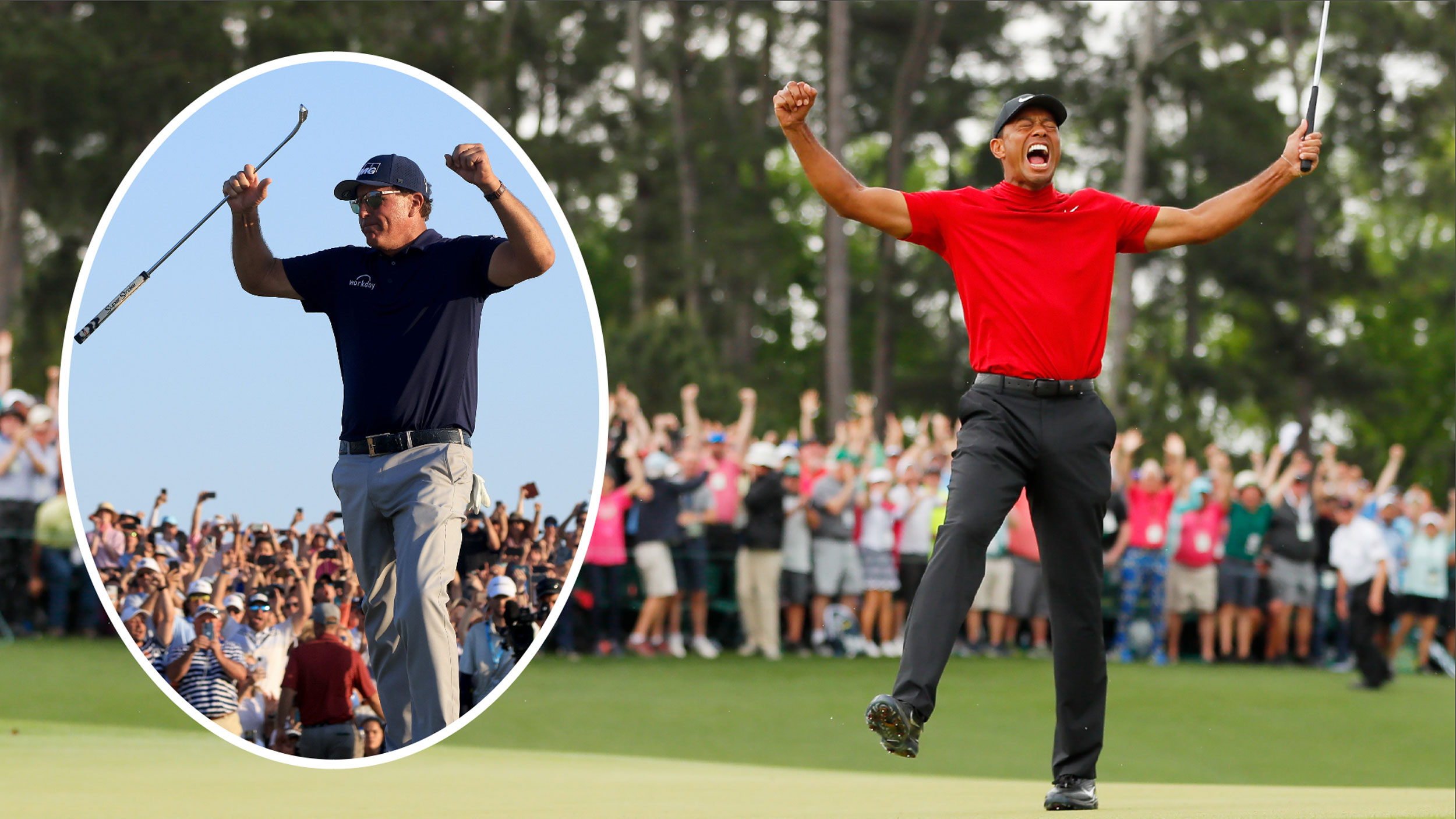 Tiger Woods celebrates winning the 2019 Masters with an inset of Phil Mickelson winning the 2021 PGA Championship