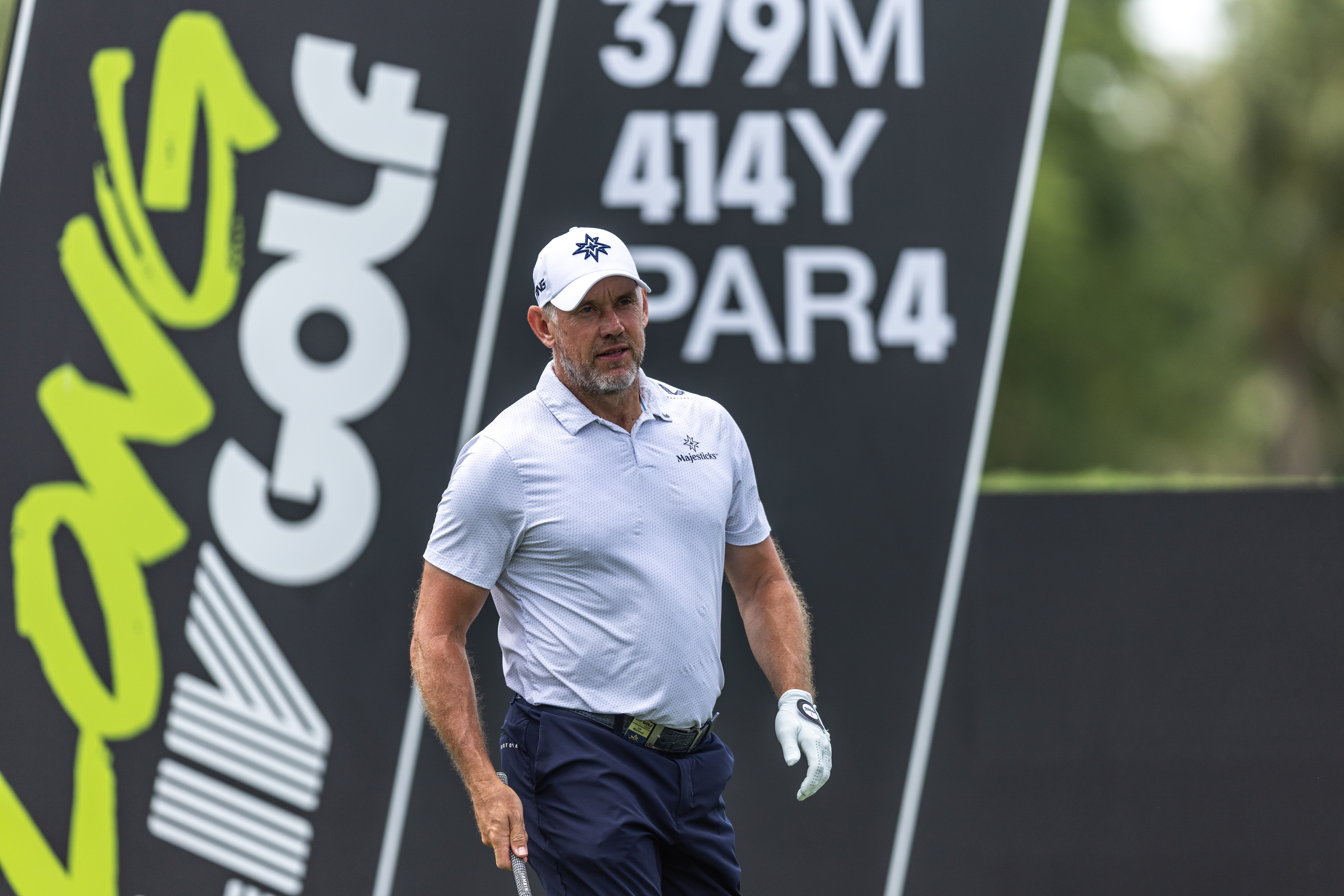 Lee Westwood lines up a shot off the tee