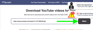 An arrow highlights the selected Start button in the process of downloading youtube videos from yt5s.com