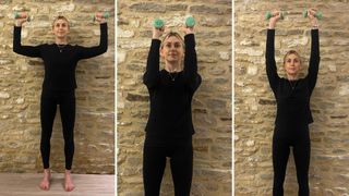 Pilates teacher performing arm exercise with small dumbbells