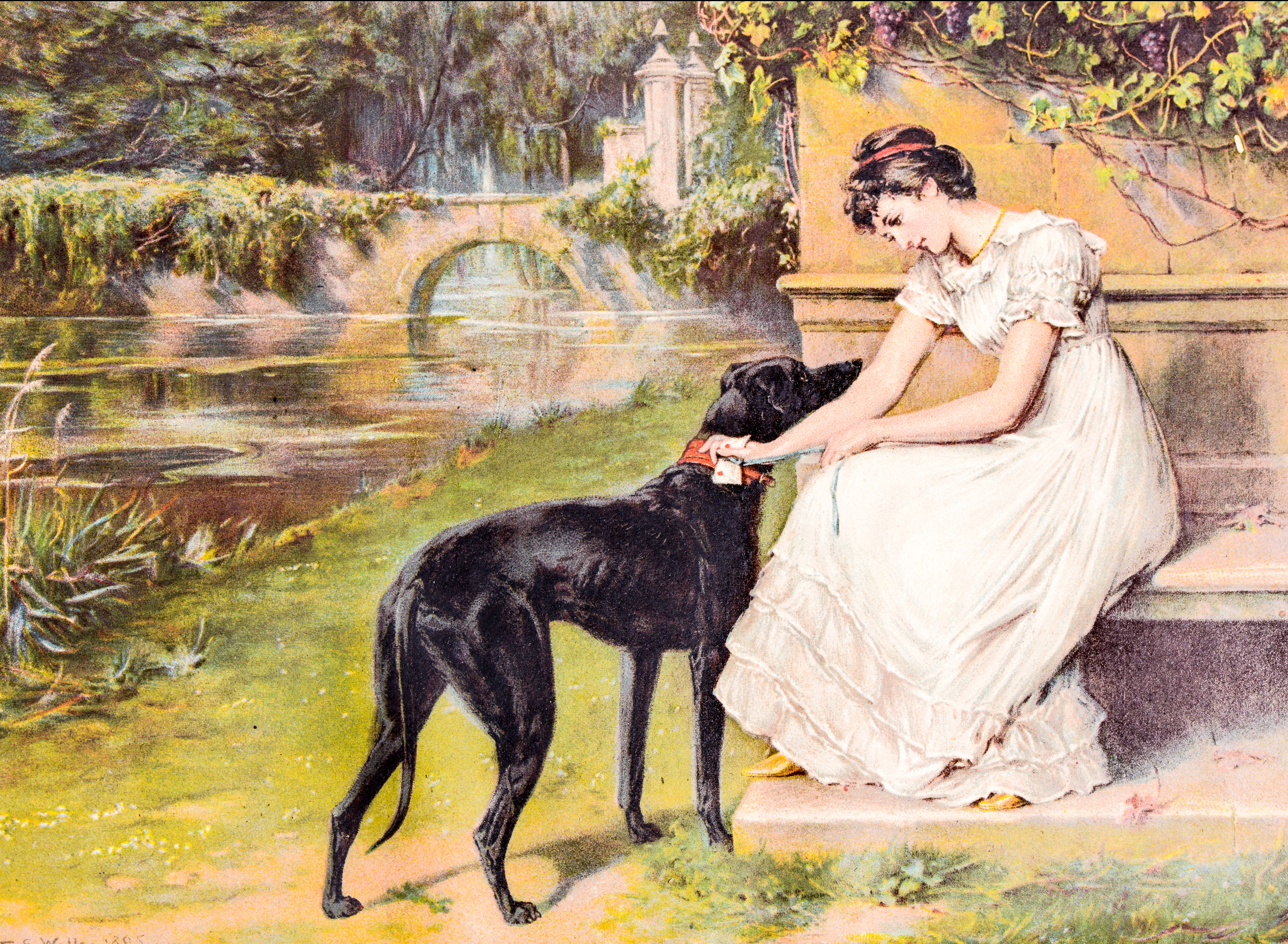 Antique painting of a woman with her dog