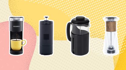 Portable coffee makers graphic with 3 black portable coffee makers and 1 glass one