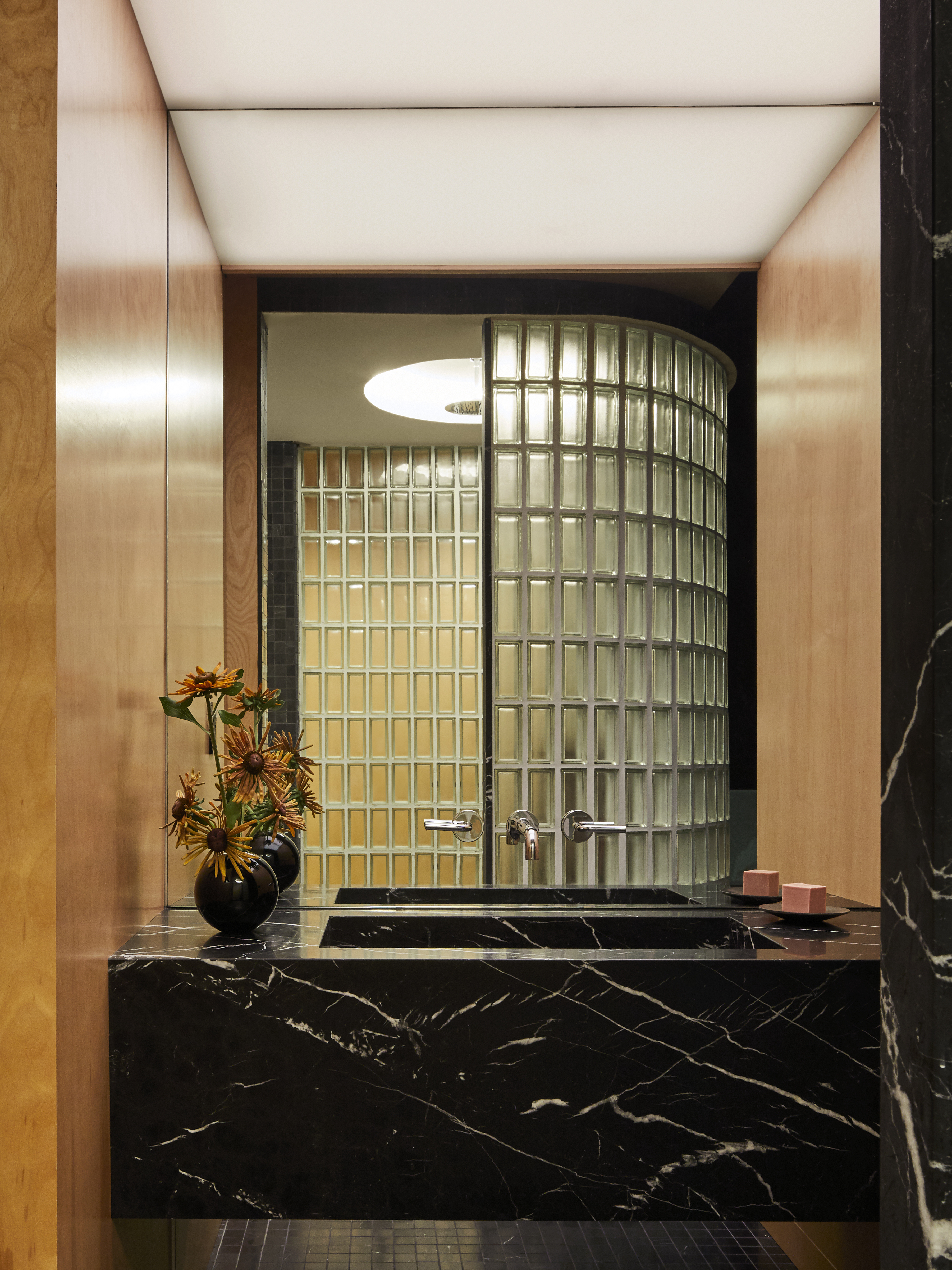 A bathroom with an artificial skylight, with glass blocks used as a shower surround