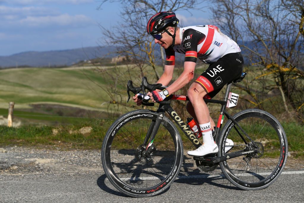 SIENA ITALY MARCH 05 Tadej Pogacar of Slovenia and UAE Team Emirates attacks during the Eroica 16th Strade Bianche 2022 Mens Elite a 184km one day race from Siena to Siena Piazza del Campo 321m StradeBianche WorldTour on March 05 2022 in Siena Italy Photo by Tim de WaeleGetty Images