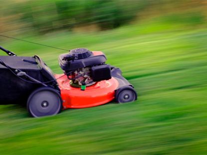 A red lawn mower against a blurred grassy background