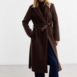 Borwn longline coat from New Look