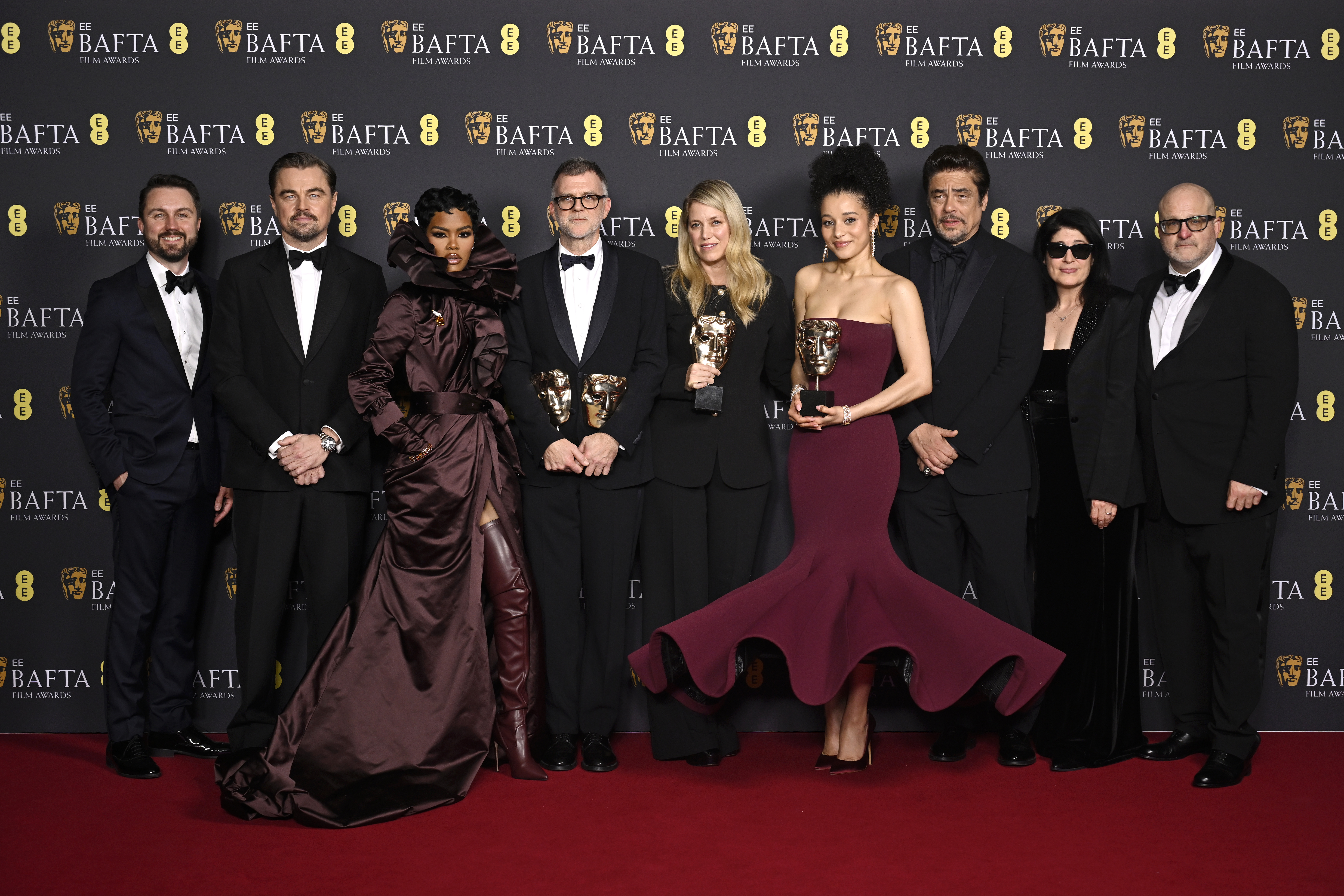 Andy Jurgensen, Leonardo DiCaprio, Teyana Taylor, Paul Thomas Anderson, Sara Murphy, Chase Infiniti, Benicio del Toro, Cassandra Kulukundis and Michael Bauman with the award for Best Film Award, Director Award, Adapted Screenplay Award and Cinematography Award for 'One Battle After Another' during the EE BAFTA Film Awards 2026 at The Royal Festival Hall on February 22, 2026