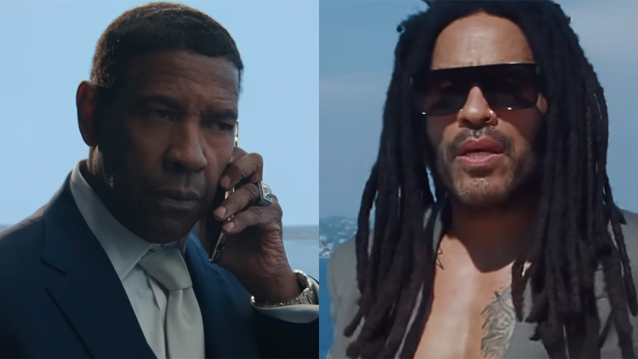 Denzel Washington on the phone in a suit in Highest to Lowest and Lenny Kravitz on a Balcony in a suit and shades in "Honey" music video.