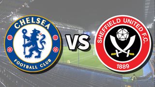 The Chelsea and Sheffield United club badges on top of a photo of Stamford Bridge in London, England