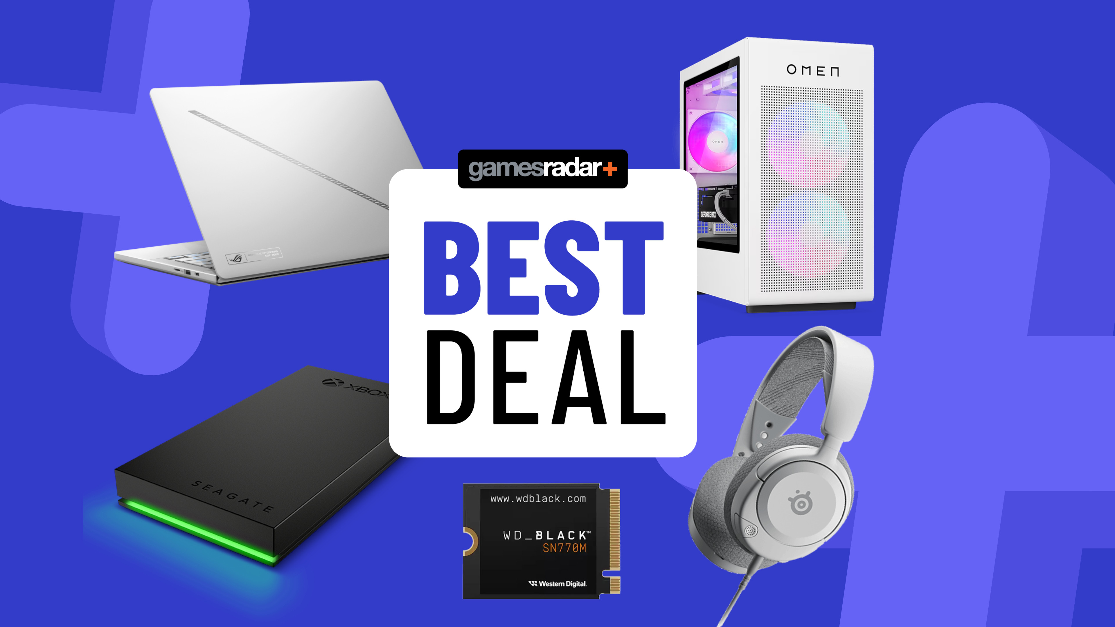 Gaming PC, laptop and accessories on a blue background with best deal badge