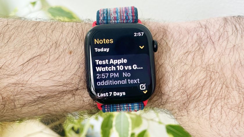 Apple Watch Series 10 close-up on a user&#039;s wrist showing the different options within the Apple Watch Notes app, launched with watchOS 26