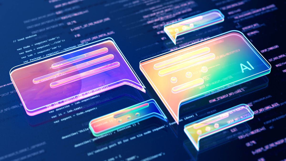 Digital generated image of abstract AI data chat icons flying over digital surface with codes.