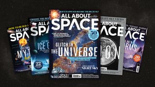 Five overlaid covers of All About Space magazine 