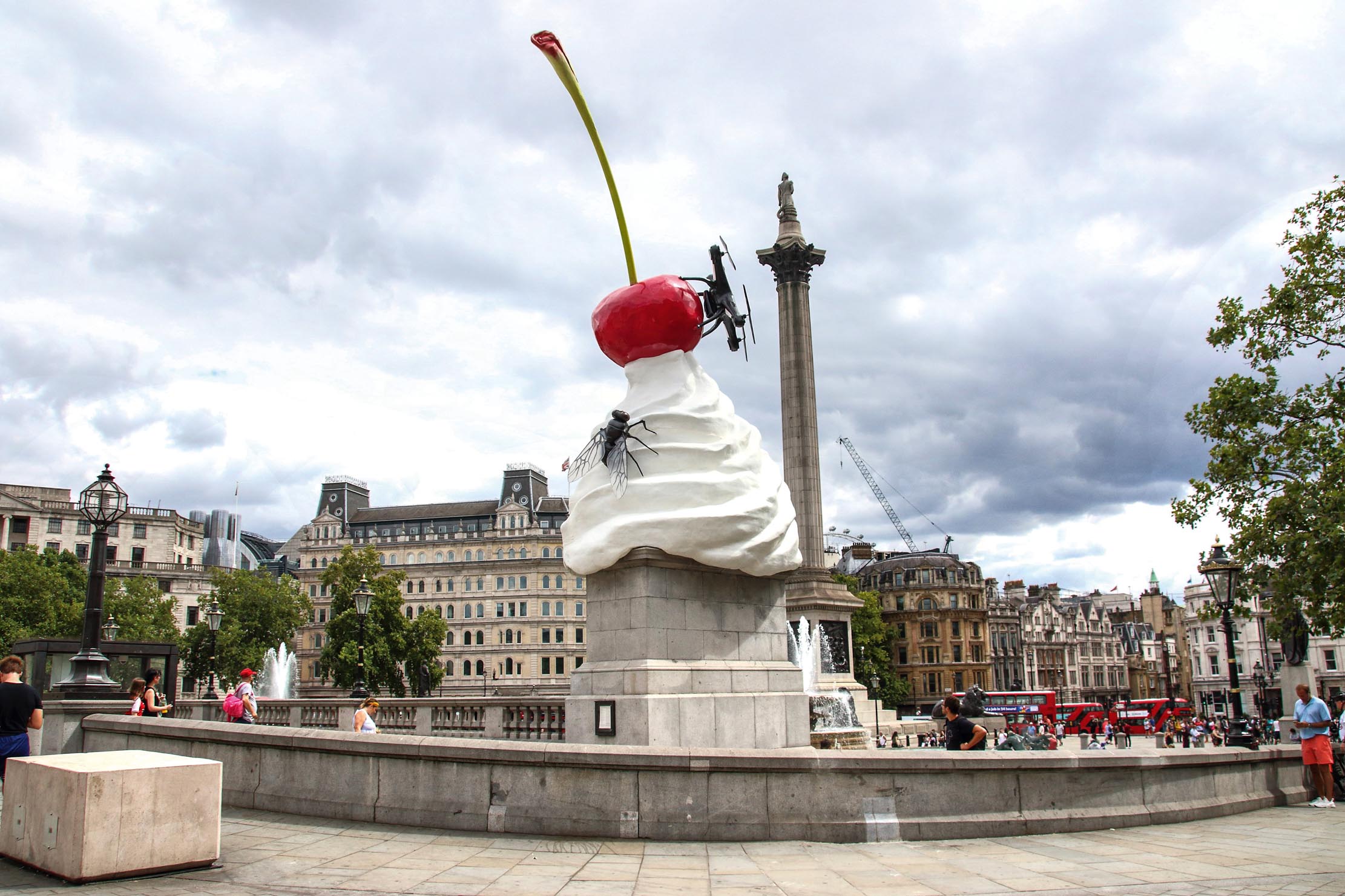 A sculpture with a giant swirl of whipped cream, a cherry, a fly and a drone that transmits a live feed of Trafalgar square with Nelson&#039;s Column in the background. This artwork by artist Heather Phillipson entitled &#039;THE END&#039; was featured on the Fourth Plinth in London&#039;s Trafalgar Square. Photo by Keith Mayhew/SOPA Images/LightRocket via Getty Images