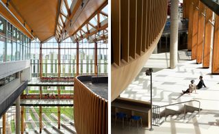 Two photos of the 'galleria' study area. The photo to the left shows the upper floors. Glass windows cover the entire far wall. Wooden beams are assembled in a way that resembles a ship. The photo to the right shows two men sitting on wide stairs.