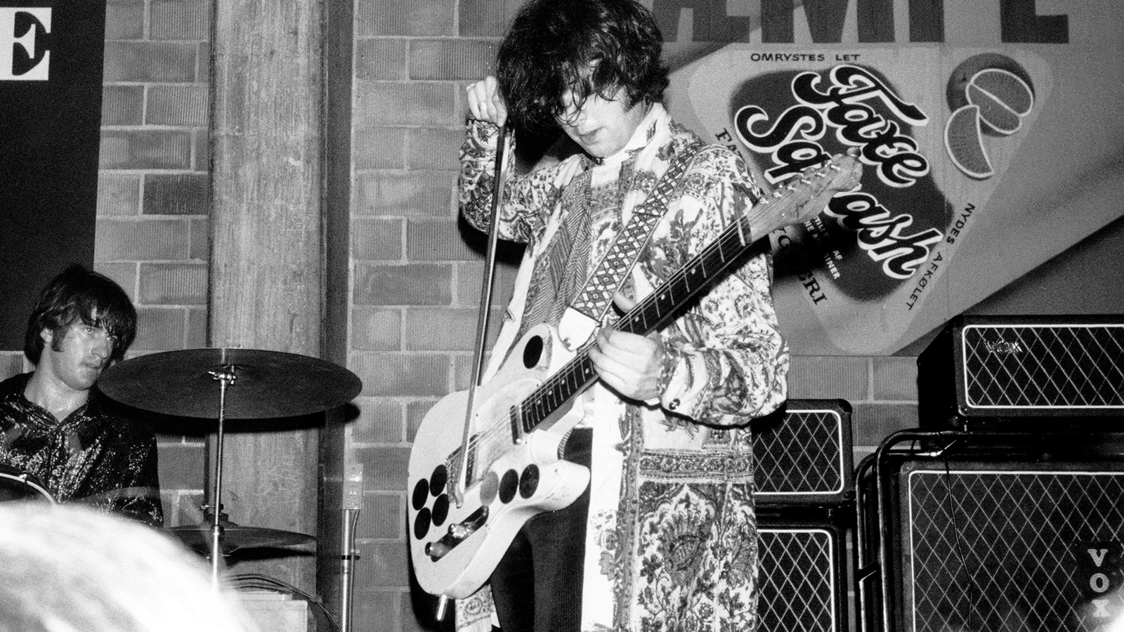 English group The Yardbirds perform live on stage at Holterhallen in Holte near Copenhagen in Denmark on 15th April 1967. Members of the band are, from left, Jim McCarty and Jimmy Page. (Photo by Jorgen Angel/Redferns)