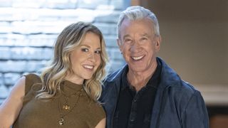Jenna Elfman and Tim Allen looking into camera and smiling in Shifting Gears Season 2