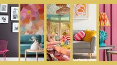 Compilation image showing five different colourful rooms to show how to use dopamine decor in your home