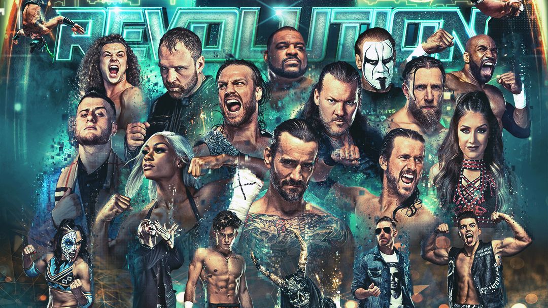 The poster for All Elite Wrestling&#039;s Revolution 2022 PPV features (in clockwise order) Keith Lee, Sting, Scorpio Sky, Bryan Danielson, Britt Baker, Adam Cole, Chris Jericho, CM Punk, &quot;Hangman&quot; Adam Page, Jade Cargill, MJF, Jungle Boy and Jon Moxley