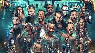 The poster for All Elite Wrestling's Revolution 2022 PPV features (in clockwise order) Keith Lee, Sting, Scorpio Sky, Bryan Danielson, Britt Baker, Adam Cole, Chris Jericho, CM Punk, "Hangman" Adam Page, Jade Cargill, MJF, Jungle Boy and Jon Moxley
