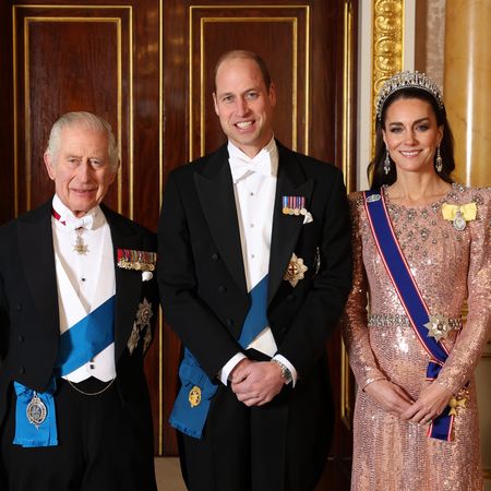 King Charles Prince William Princess Kate posing in formalwear