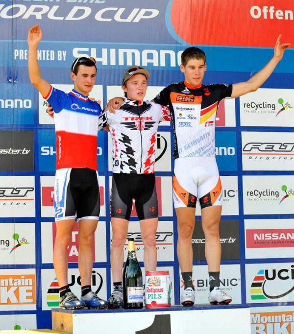 The U23 men's podium: Alexis Vuillermoz, Mathias Fl