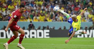 Richarlison of Brazil scores their team's second goal during the FIFA World Cup Qatar 2022 Group G match between Brazil and Serbia at Lusail Stadium on November 24, 2022 in Lusail City, Qatar.