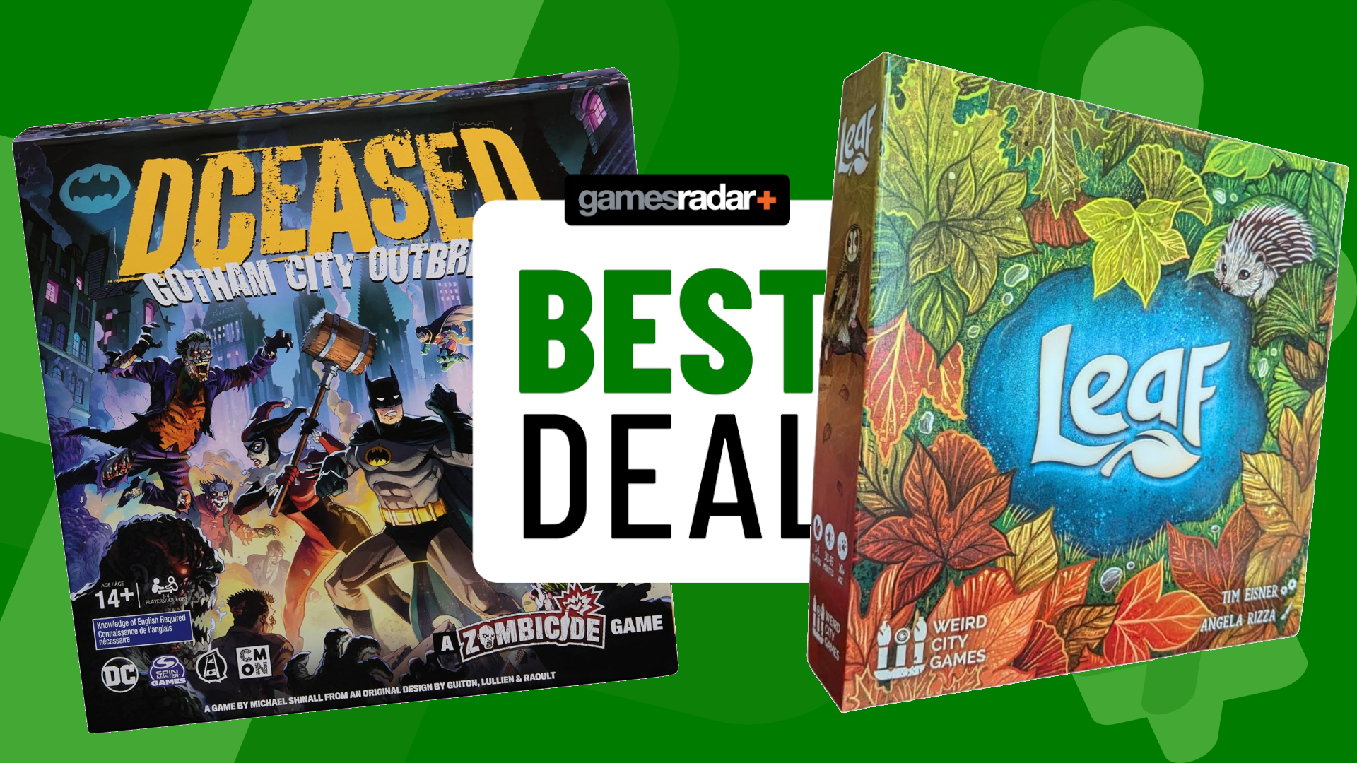 DCEASED and Leaf boxes on either side of a GamesRadar+ best deal badge, against a green background with crosses