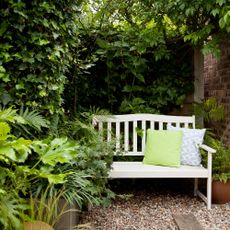 A garden bench in a corner of a garden