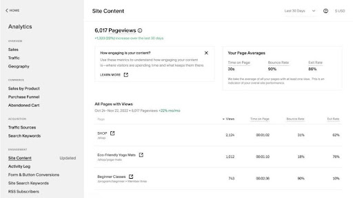 Squarespace site content page on the dashboard