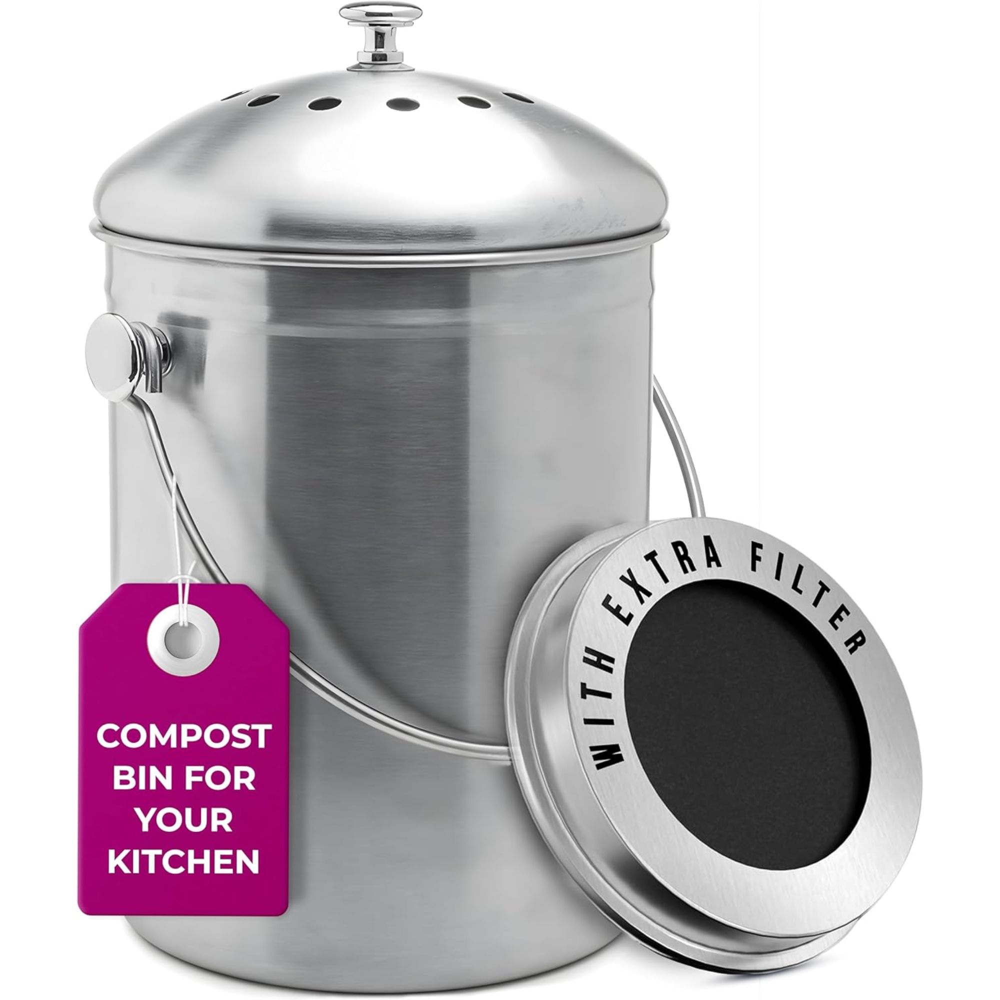 A silver kitchen compost bin